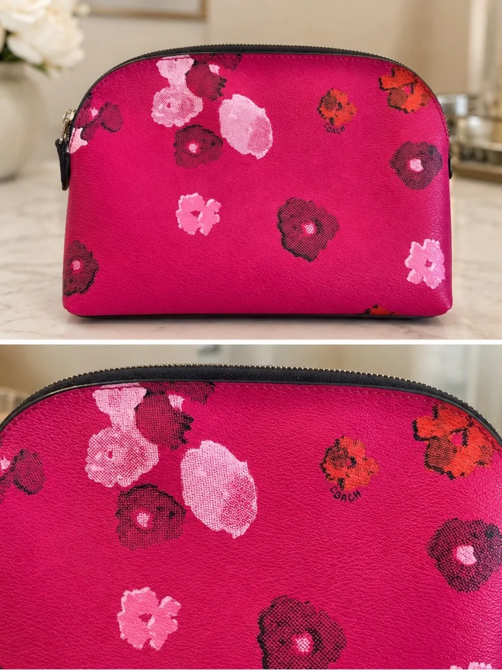 Rare - Coach Confetti Pink Multi Floral Leather Cosmetic Pouch